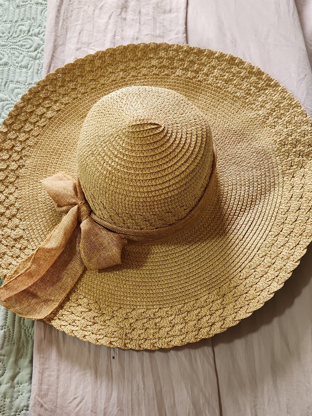 Woven Wide-Brim Sun Hat with Bow - Tan